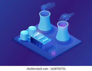 Nuclear power plant isometric 3d illustration, neon blue electric station building, energy factory