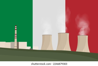 Nuclear power plant in Italy. Electricity generation production. Power station on Italy flag background. Nuclear power stations vector illustration