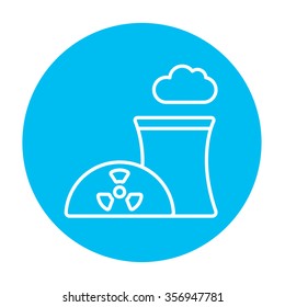 Nuclear power plant line icon for web, mobile and infographics. Vector white icon on the light blue circle isolated on white background.