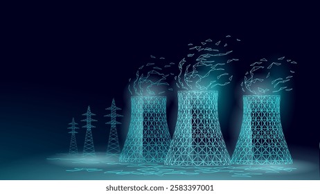 Nuclear power plant, low-poly illustration. Three cooling towers emit vapor. Electricity generation, energy industry. Cyan wireframe design, dark background, low angle shot