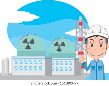 Nuclear power plant and male worker in a helmet