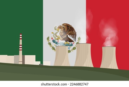 Nuclear power plant in Mexico. Electricity generation production. Power station on Mexico flag background. Nuclear power stations vector illustration