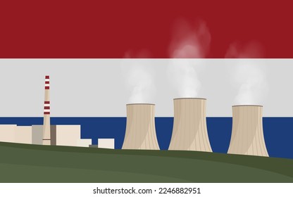 Nuclear power plant in Netherlands. Electricity generation production. Power station on Netherlands flag background. Nuclear power stations vector illustration