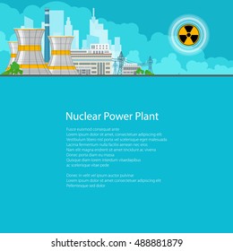 Nuclear Power Plant on the Background of the City , Thermal Power Station, Electric Power Transmission from a Nuclear Power Plant, Poster Brochure Flyer Design, Text on Blue Background,Vector