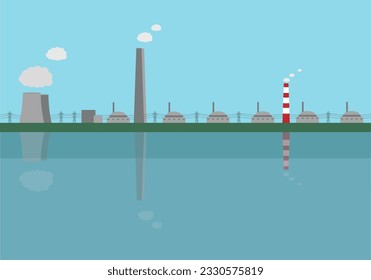 The nuclear power plant on the shore of the cooling pond. Flat vector illustration