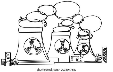 Nuclear power plant in one line. Power station in vector linear outline format. A source of electricity and environmental pollution. Refusal from harmful enterprises and creation of eco-energy.
