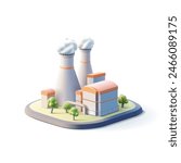 Nuclear power plant, plant, production, 3D industrial building. For concepts of electricity generation, production of products and goods. Vector