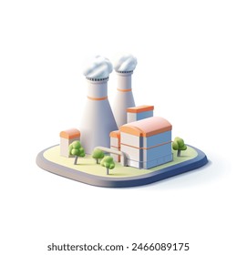 Nuclear power plant, plant, production, 3D industrial building. For concepts of electricity generation, production of products and goods. Vector