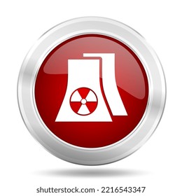 Nuclear power plant red glossy vector icon, industry concept silver metallic round web button