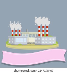 Nuclear power plant. Red pipes with smoke. Energy production and problem of ecology. Urban landscape. Engineer's place of work with pink ribbon for text. Industrial area of the city. Flat illustration