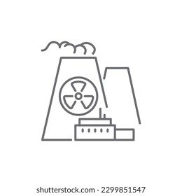 Nuclear power plant related vector linear icon. Power factory with radiation sign. Atomic energy manufacturing technology. Vector outline illustration Isolated on white background. Editable stroke