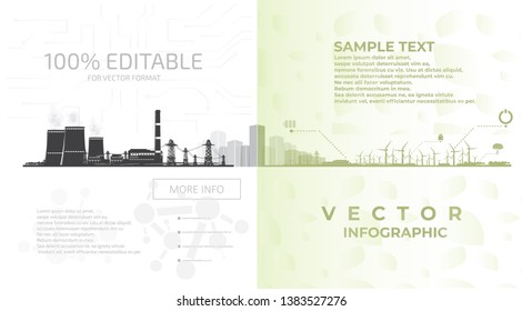 Nuclear power plant and renewable energy sources, infographics.