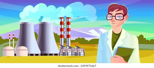 Nuclear power plant with rural landscape and engineer. Electric generation, energy production, station with reactor. Industrial factory, renewable resource. Environment pollution. Vector illustration