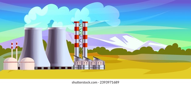 Nuclear power plant with rural landscape. Electric generation, energy production, station with reactor. Industrial factory, renewable resource. Environment pollution. Vector illustration