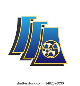 Nuclear power plant sign. Blue icon with gold contour with dark gray shadow at white background. Illustration.