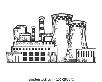 Nuclear power plant sketch engraving vector illustration. Tee shirt apparel print design. Scratch board style imitation. Black and white hand drawn image.