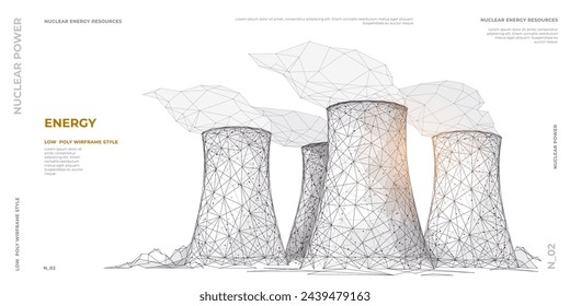 Nuclear power plant sketch. Isolated abstract polygonal nuclear reactor. Polluting energy. Industry concept. Plant, station, or factory in modern low poly wireframe style. Vector illustration.