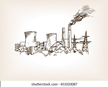 Nuclear Power Plant Sketch Style Vector Illustration. Old Hand Drawn Engraving Imitation.