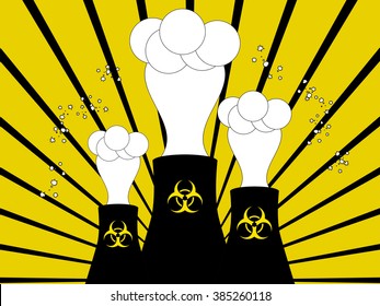 Nuclear power plant. Smoke from a chimney. Environmental pollution. danger sign. Vector illustration.