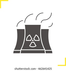 Nuclear power plant with smoke cloud icon. Drop shadow silhouette symbol. Radiation symbol. Negative space. Vector isolated illustration