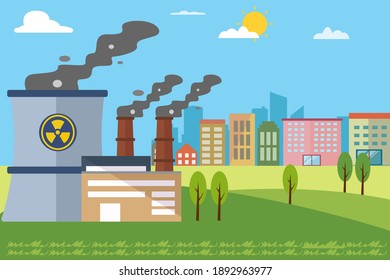 Nuclear power plant with smoke and modern city background. Nuclear Energy vector concept