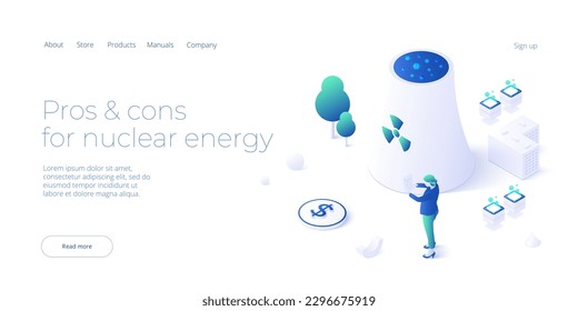 La planta de energía nuclear como fuente de la economía de la electricidad. Economía ecológica y concepto de energía renovable o sostenible en la ilustración isométrica vectorial. plantilla de diseño de banners web