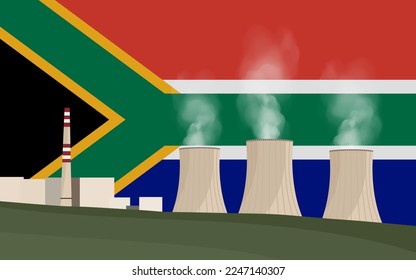 Nuclear power plant in South Africa. Electricity generation production. Power station on South Africa flag background. Nuclear power stations vector illustration