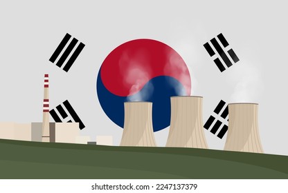 Planta de energía nuclear en Corea del Sur. Producción de electricidad. Estación de energía en el fondo de la bandera de Corea del Sur. Ilustración vectorial de las centrales nucleares