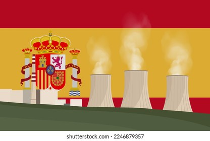 Nuclear power plant in Spain. Electricity generation production. Power station on Spain flag background. Nuclear power stations vector illustration