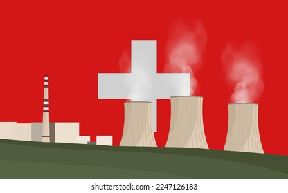 Kernkraftwerk in der Schweiz. Stromerzeugung. Kraftwerk auf Flaggenhintergrund der Schweiz. Kernkraftwerke, Vektorgrafik