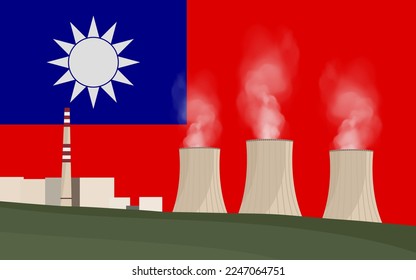 Nuclear power plant in Taiwan. Electricity generation production. Power station on Republic of China flag background. Nuclear power stations vector illustration