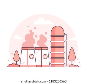 Nuclear power plant - thin line design style vector illustration on white background. Red colored high quality composition with a factory, pipes, smoke from chimney, tower, tree. Industrial concept