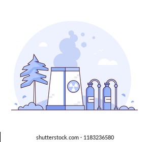 Nuclear power plant - thin line design style vector illustration on white background. Purple colored high quality composition with a factory, pipes, smoke from chimney, tree. Industrial concept