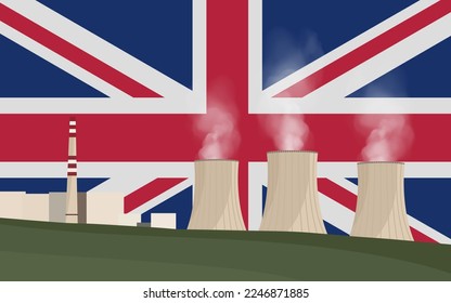 Nuclear power plant in United Kingdom. Electricity generation production. Power station on United Kingdom flag background. Nuclear power stations vector illustration