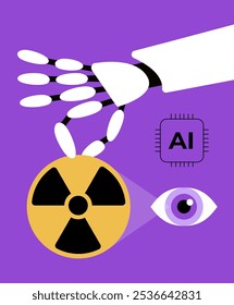 Planta de energía nuclear usando robots de la mano de la IA. Electricidad, energía química, plantas industriales. Fusión nuclear con inteligencia artificial. Ilustración vectorial plana en estilo de dibujos animados.