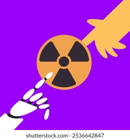 Usina nuclear usando robôs com IA e pessoas. Eletricidade, energia química, plantas industriais. Fusão nuclear com inteligência artificial. Ilustração de vetor plano em estilo cartoon.