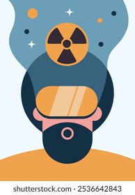 Planta de energía nuclear usando VR. Electricidad, energía química, plantas industriales en AR. Fusión nuclear con inteligencia artificial. Ilustración vectorial plana en estilo de dibujos animados.