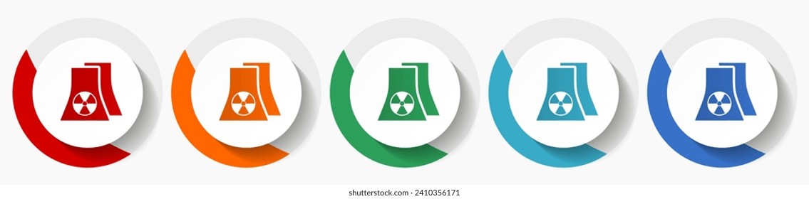 Nuclear power plant vector icon set, flat icons for logo design, webdesign and mobile applications, colorful round buttons
