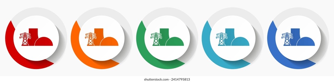 Conjunto de iconos vectoriales de la central nuclear, iconos planos para el diseño de logotipos, diseño web y aplicaciones móviles, botones redondos coloridos