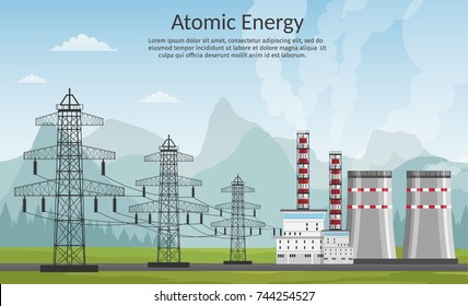 Nuclear power plant vector illustration for background infographics of atomic energy.