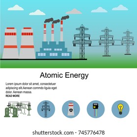 Nuclear power plant vector illustration atomic energy and lines of electricity transfers.