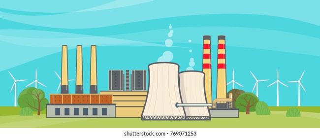 Nuclear power plant. Vector illustration in flat style