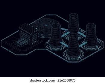 Nuclear power plant wireframe from blue lines isolated on dark background. Isometric view. 3D. Vector illustration.