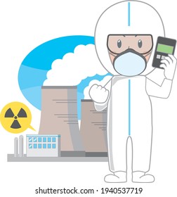 Nuclear power plant worker wearing protective clothing with a dosimeter