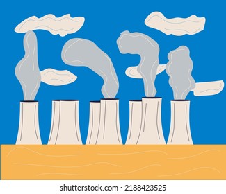 Nuclear power plant.NPP. In a yellow field against a blue sky.Vector. Modern flat cartoon style.