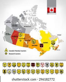 Nuclear power plants map of Canada 2. Nuclear Power technology pin icons and radioactive contamination signs. Highly detailed vector illustration.