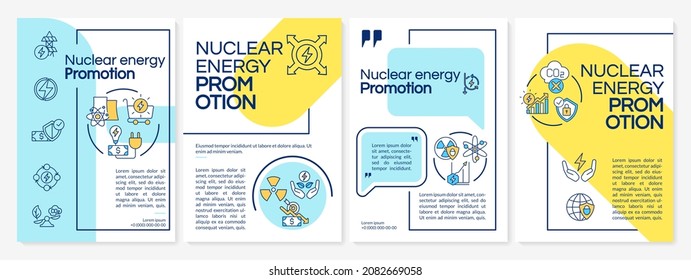 Plantilla de folleto de promoción de la energía nuclear. Innovación nuclear. Volante, folleto, folleto impreso, diseño de portada con iconos lineales. Diseños vectoriales para presentación, informes anuales, páginas publicitarias