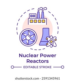 Nuclear power reactors multi color concept icon. Usage fabricated fuel assemblies to produce energy at plant. Round shape line illustration. Abstract idea. Graphic design. Easy to use in booklet