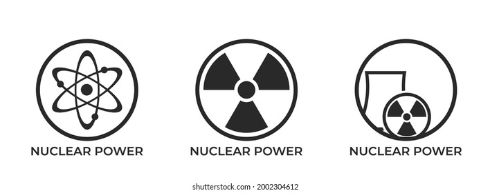 Nuclear Power Round Logo Set. Electricity And Energy Industry Symbols. Isolated Vector Images