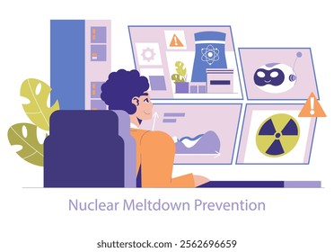 Nuclear Power Safety concept. Technician monitors reactor systems to prevent meltdown. Advanced control room interface, hazard awareness. Vector illustration.